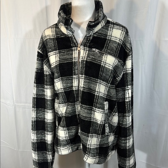 AllSaints Franco Teddy Plaid Fleece Jacket Black White Size Medium - Picture 3 of 11